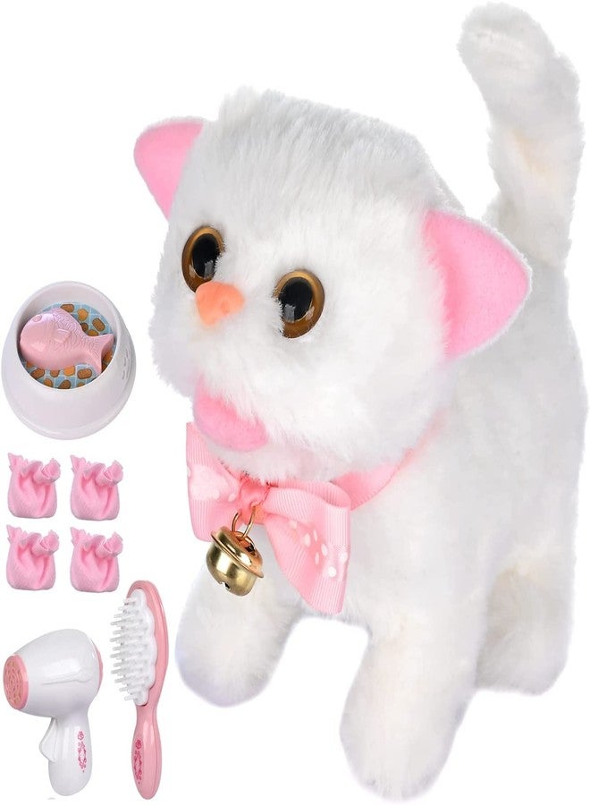 WorWoder Electronic Plush Interactive Cats for Kids That Move and Meow Walking Lifelike Interactive Toy Robot Kitten Pet Cute Stuffed Kitten for Girls Kids (White) - Image 1